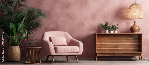 Real photo of living room interior with a patterned wall, plants, and a pink lamp above a wooden table. Suitable for placing an armchair. © TheWaterMeloonProjec
