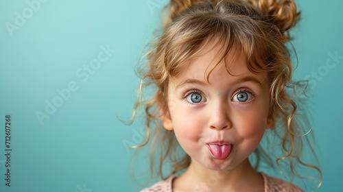 A little girl is making a face sticking her tongue out on clean backdrop, space, Generative AI. photo
