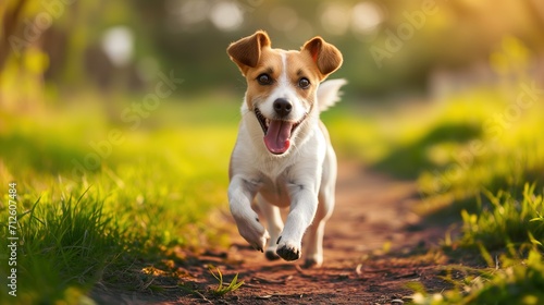 Happy and healthy dog running and playing at a sunny meadow. Generative AI. 