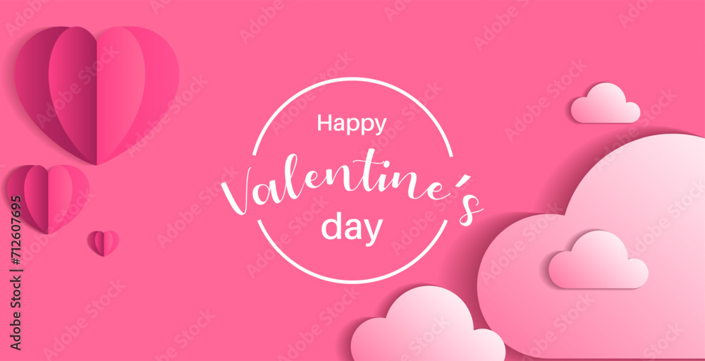 pink background with paper cut heart and cloud 