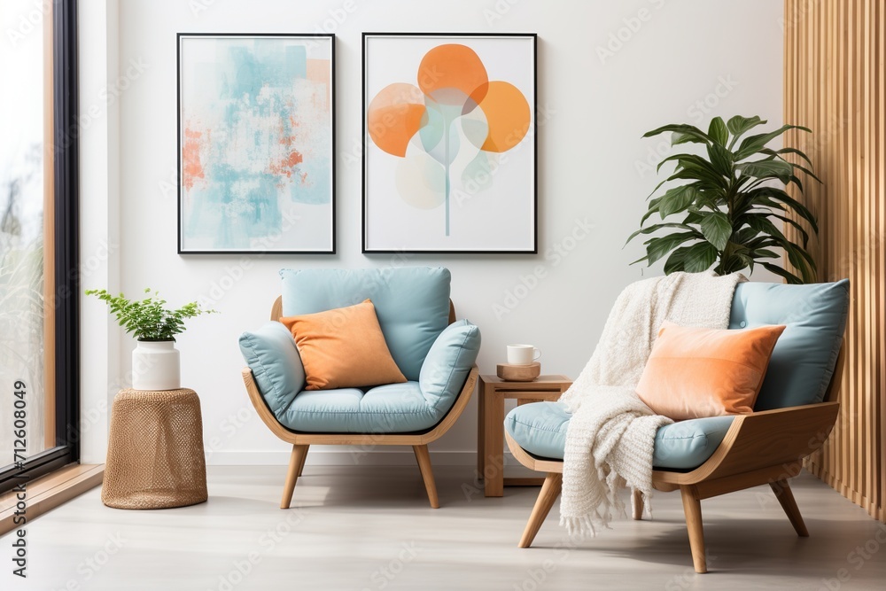 Fototapeta premium Two blue armchairs with orange pillows in a living room