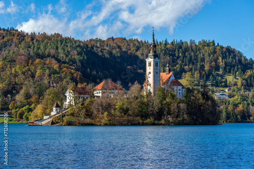 Picturesque view of church on an island at Lake Bled, Slovenia