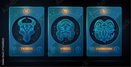 Set of neon modern magic witchcraft cards with astrology earth zodiac signs. Zodiac characteristic. Taurus, Virgo, Capricorn Zodiac icons. Vector illustration