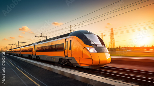 High speed orange train. AI Generative.