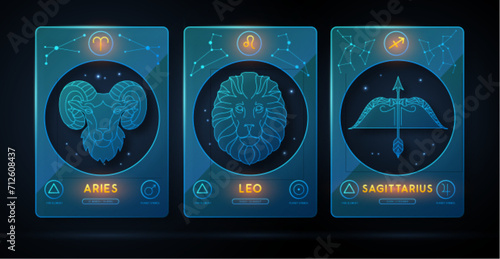 Set of neon modern magic witchcraft cards with astrology fire zodiac signs. Zodiac characteristic. Zodiac icons. Vector illustration