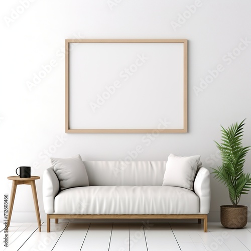 Bright living room interior with white sofa, coffee table, plant, and empty frame