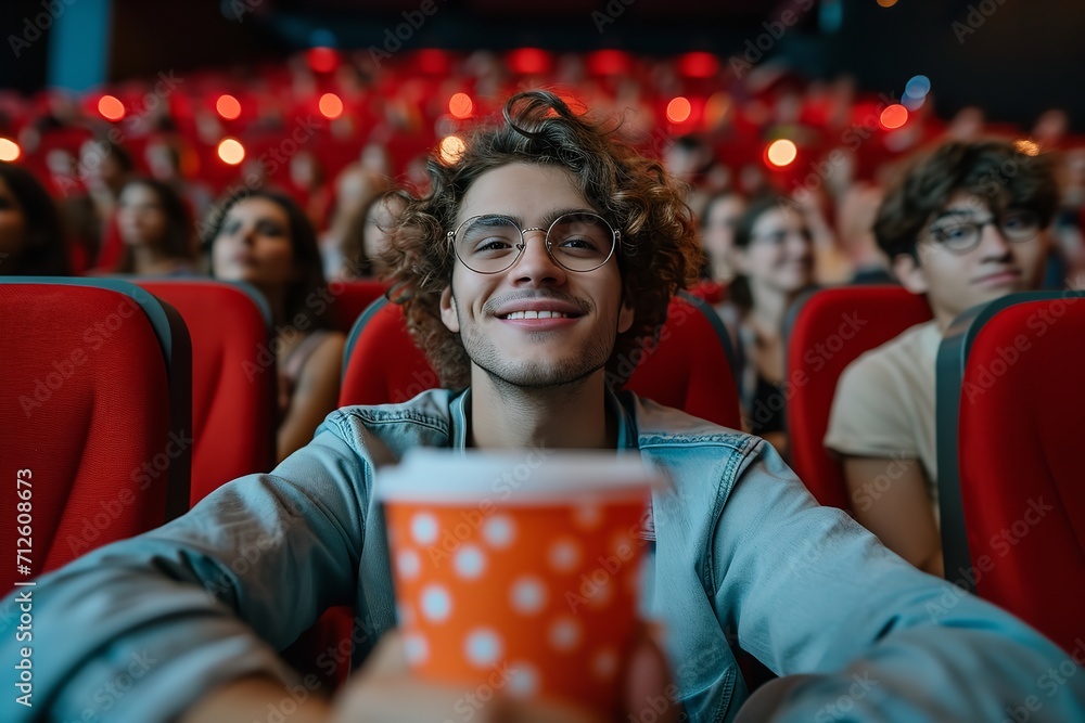 Portrait of a human relaxing in movie theater with popcorn wearing glasses, Generative AI.