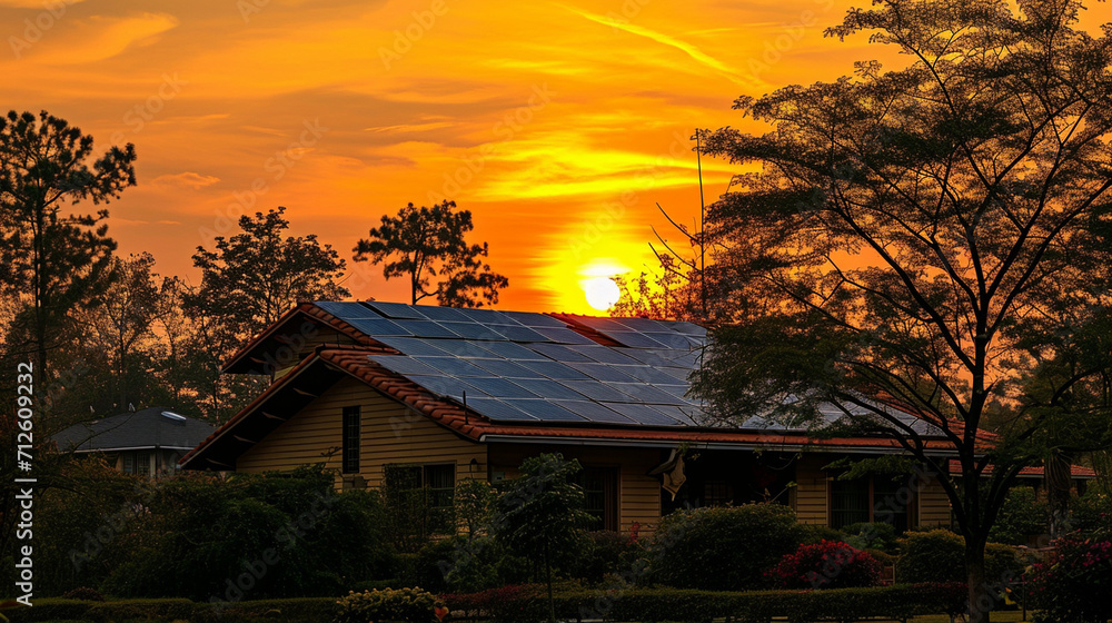Sunset bathes solar panels on a roof in golden hues, harmonizing with nature. The radiant sun, a symbol of clean energy, illuminates a green landscape, fostering a sustainable alliance. Sunset bathes solar panels on a roof in golden hues, harmonizing with nature. The radiant sun, a symbol of clean energy, illuminates a green landscape, fostering a sustainable alliance.