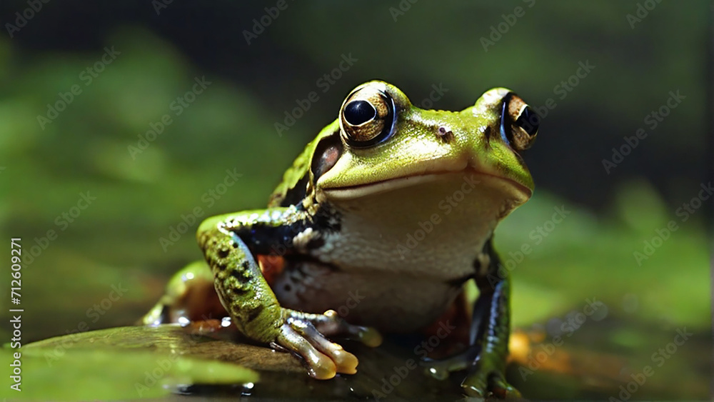 Obraz premium A frog sits on a leaf in water