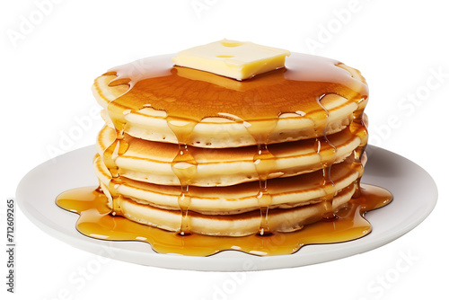 stack of pancake with honey syrup on the white plate on isolated transparent background