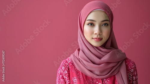 Asian youth with a big grin and happiness Malay Muslim woman wearing a headscarf, space, Generative AI. photo