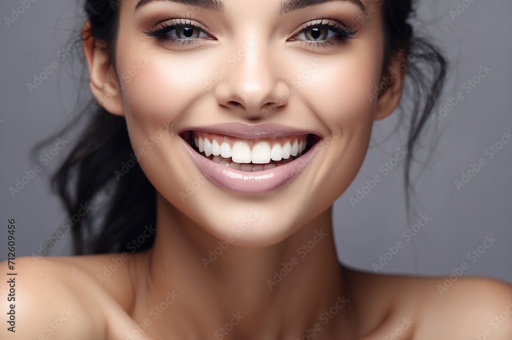 Close Up woman Beautiful smile on grey background Close Up woman Beautiful smile on grey background