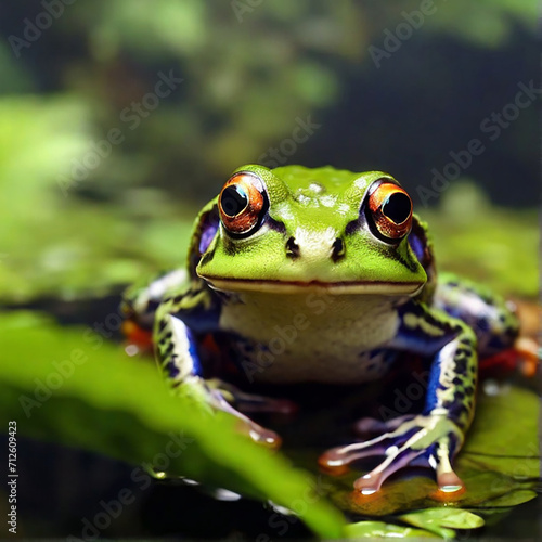 A frog sits on a leaf in water