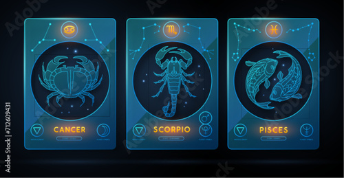 Set of neon modern magic witchcraft cards with astrology water zodiac signs. Zodiac characteristic. Cancer, Scorpio, Pisces Zodiac icons. Vector illustration