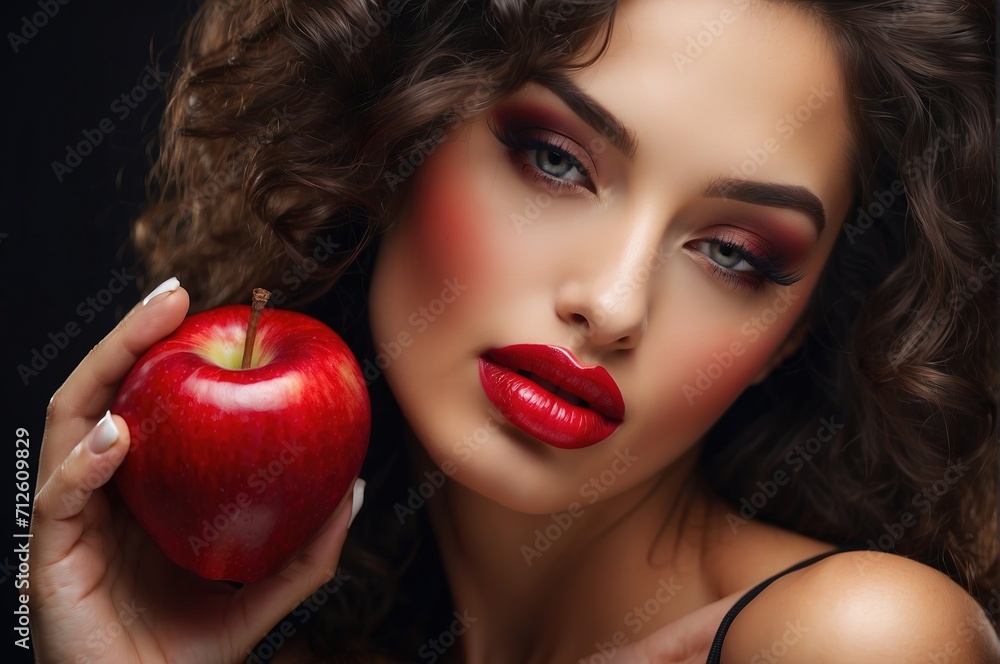 Close up Sexy woman with red lips taking a bite from red apple Close up Sexy woman with red lips taking a bite from red apple