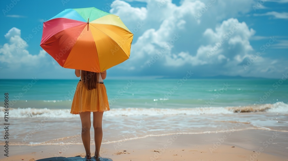 Back view of a woman holding umbrella near sea shore with copy space, Generative AI.