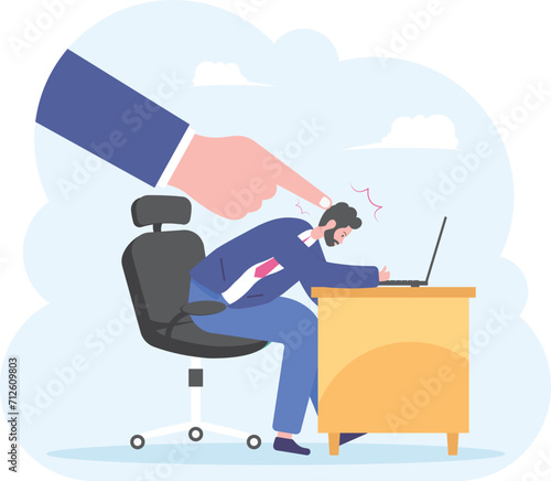 Huge hand pushing worker head who sitting in the office desk, 

