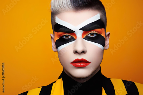 Male fashion beauty portrait with creative makeup, eyeshadows, red lips. Young sassy man