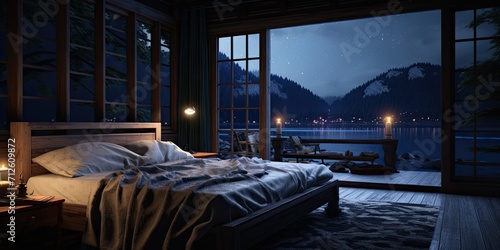 Bedroom in the cabin by the lake in the evening photo