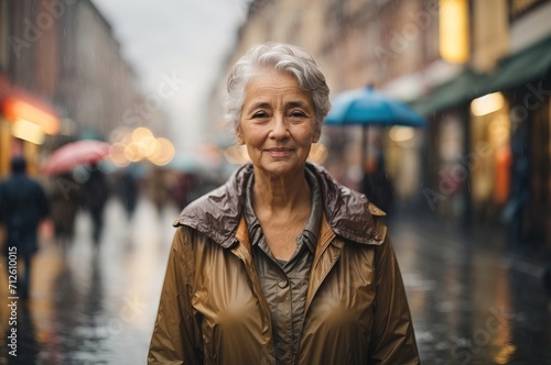 Elderly woman standing in the rain in street city