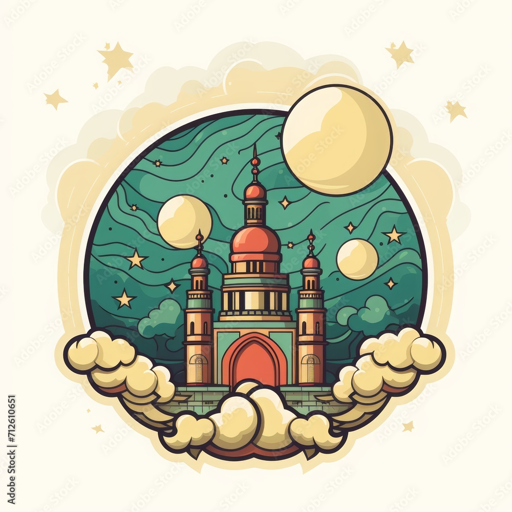 Ramadan mubarak greeting card. Flat ramadan illustration with arabic mosque and arabic temple. Ramadan background with arabic elements.