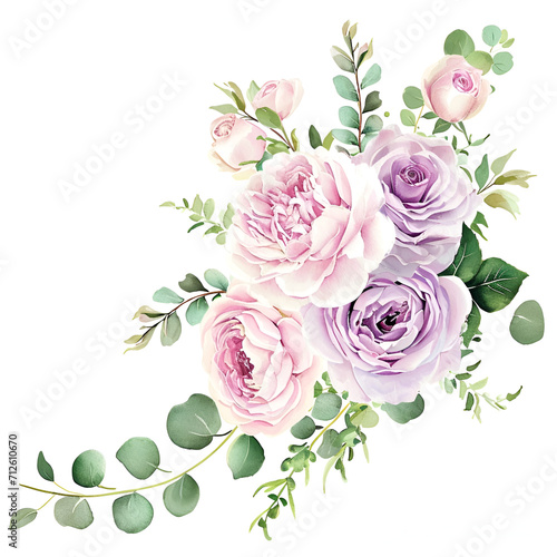 Elegant watercolor floral arrangement with pink and purple roses  ideal for wedding invitations and romantic designs.