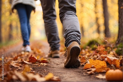 Group of tourists walks along the path of the autumn forest