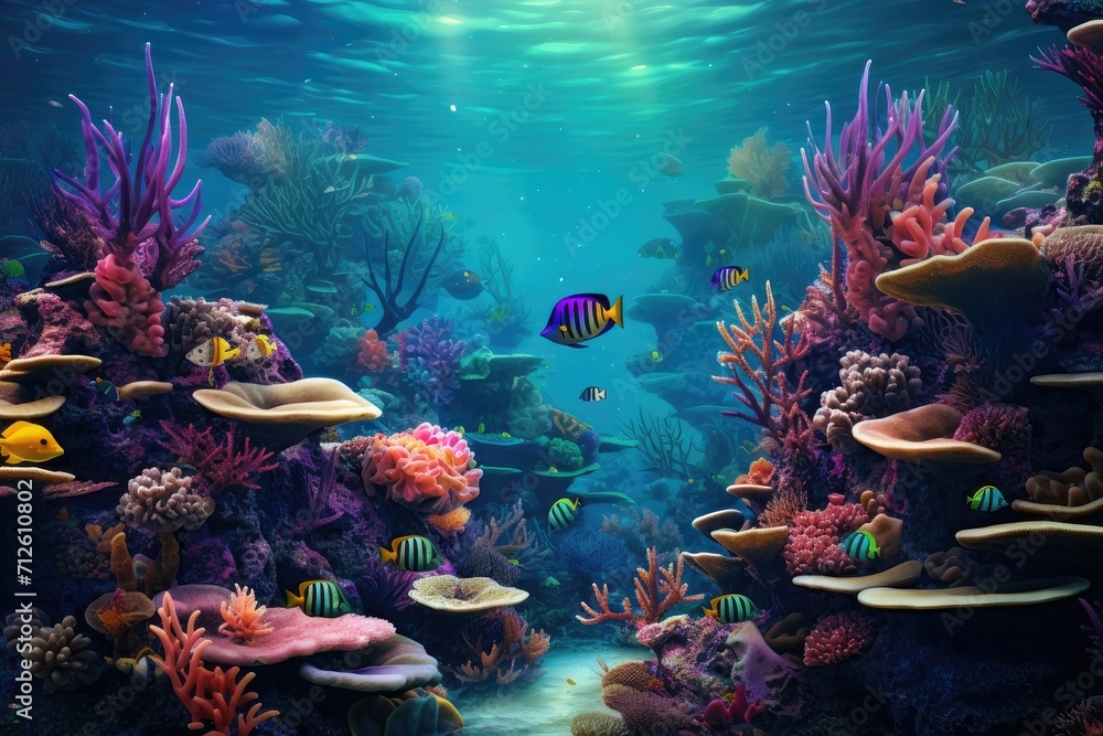 Tropical sea underwater fishes on coral reef. Aquarium oceanarium wildlife colorful marine panorama landscape nature snorkel diving ,coral reef and fishes - obrazy, fototapety, plakaty 