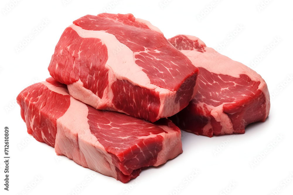 Raw beef steaks on white background, ideal for butchery ads and culinary guides.