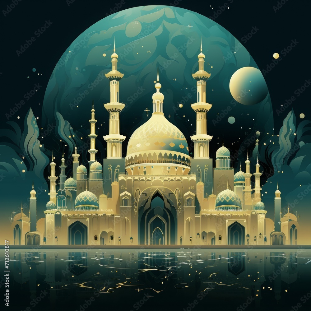 Ramadan mubarak greeting card. Flat ramadan illustration with arabic mosque and arabic temple. Ramadan background with arabic elements.