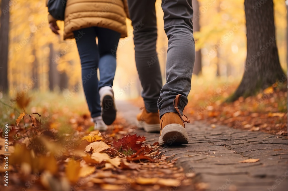 Group of tourists walks along the path of the autumn forest Group of tourists walks along the path of the autumn forest