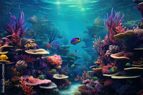 Tropical sea underwater fishes on coral reef. Aquarium oceanarium wildlife colorful marine panorama landscape nature snorkel diving ,coral reef and fishes photo