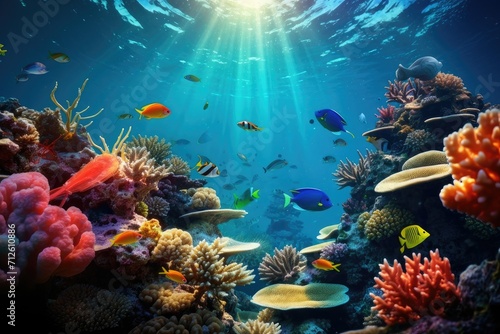 Tropical sea underwater fishes on coral reef. Aquarium oceanarium wildlife colorful marine panorama landscape nature snorkel diving ,coral reef and fishes © Nognapas