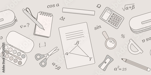 Set of school supplies. Seamless border. Book, notebook, pencil, pen, calculator, scissors, ruler, pencil case, sharpener. Vector illustration.