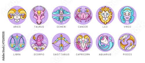 Set of modern cartoon astrology zodiac signs isolated on white background. Set of Zodiac icons. Vector illustration