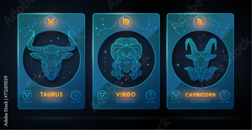 Set of neon modern magic witchcraft cards with astrology earth zodiac signs. Zodiac characteristic. Taurus, Virgo, Capricorn Zodiac icons. Vector illustration