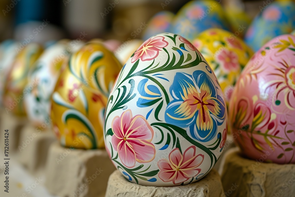 Beautiful Hand-painted Easter Eggs with Floral Designs, Tropical Flowers, Drying on a Carton 