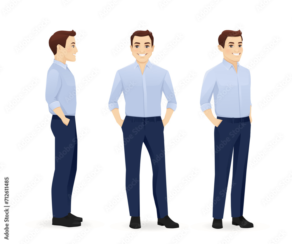 Business man in blue shirt in different sides view from the front, from the side and half turn with hands in the pockets. Vector illustration isolated Business man in blue shirt in different sides view from the front, from the side and half turn with hands in the pockets. Vector illustration isolated