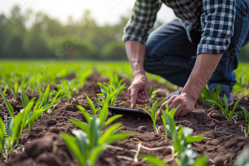 Person Kneeling Down in Field With Cell Phone, Communication in Nature