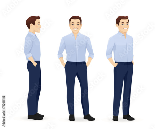 Business man in blue shirt in different sides view from the front, from the side and half turn with hands in the pockets. Vector illustration isolated