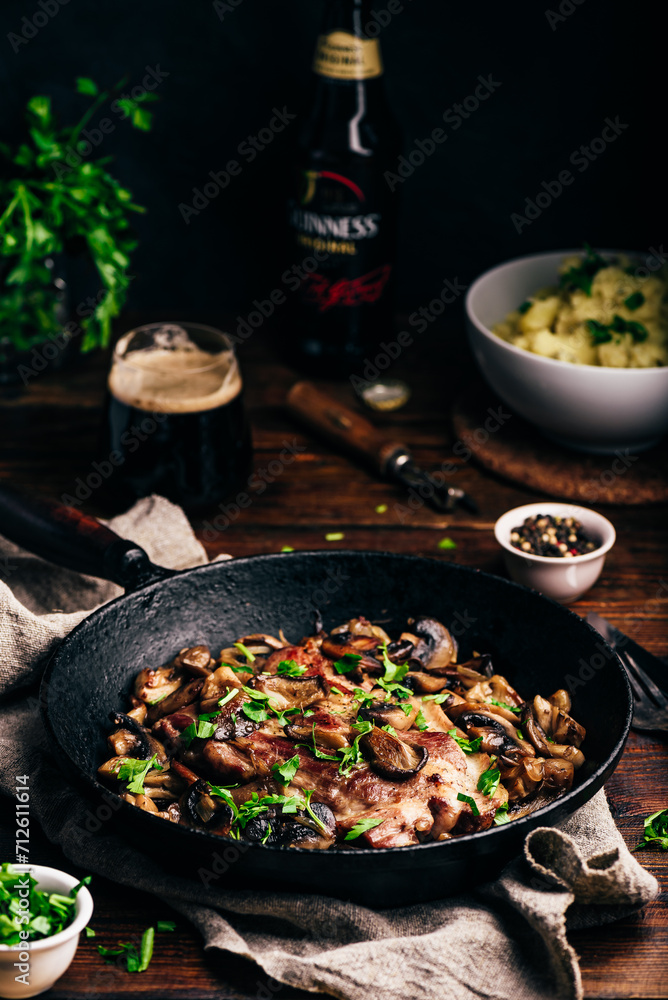 Fried pork neck steak with different mushrooms Fried pork neck steak with different mushrooms