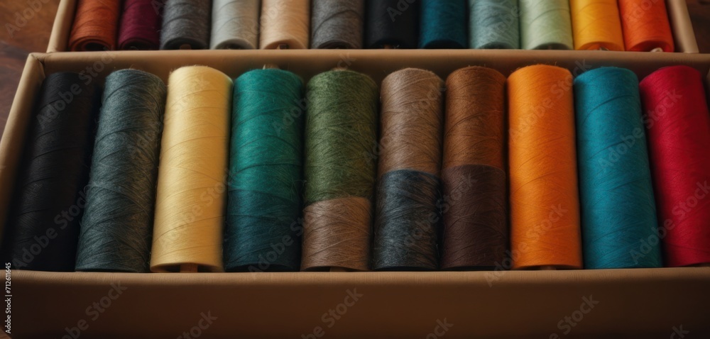 a box filled with lots of different colored spools of thread on top of a wooden table next to a wooden tablecloth covered with a variety of different colored spools of spools of spools. a box filled with lots of different colored spools of thread on top of a wooden table next to a wooden tablecloth covered with a variety of different colored spools of spools of spools.