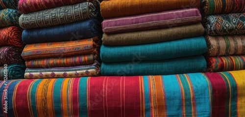  a pile of colorful blankets sitting next to each other on top of a pile of floor coverings on top of a wooden table in front of a store window.
