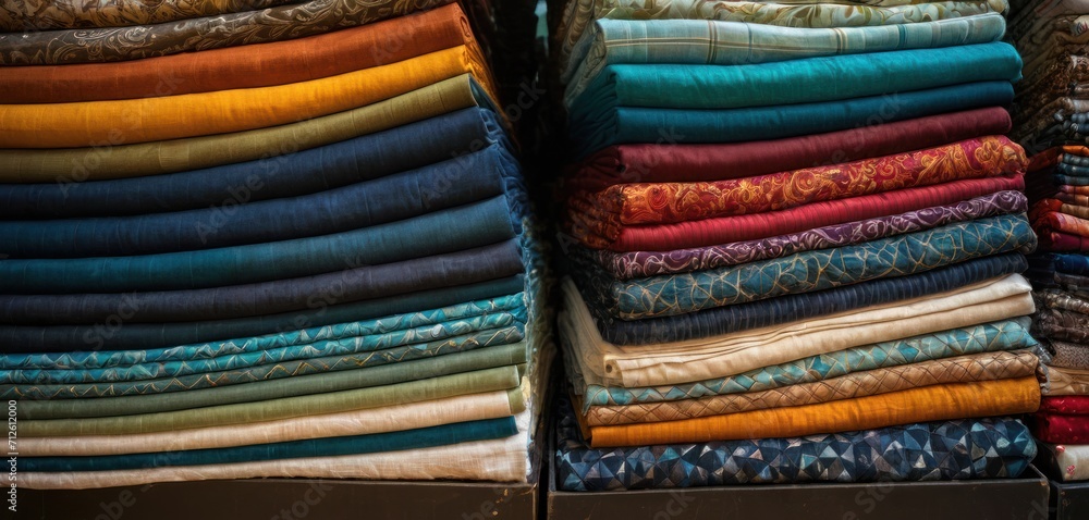 a close up of a stack of cloths in a store with a variety of colors of fabric on top of each of the stacks and on top of each other. a close up of a stack of cloths in a store with a variety of colors of fabric on top of each of the stacks and on top of each other.