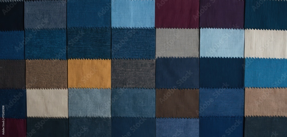 a wall that has a bunch of different colors of fabric on it, all of which are different shades of blue, brown, tan, black, and white. a wall that has a bunch of different colors of fabric on it, all of which are different shades of blue, brown, tan, black, and white.