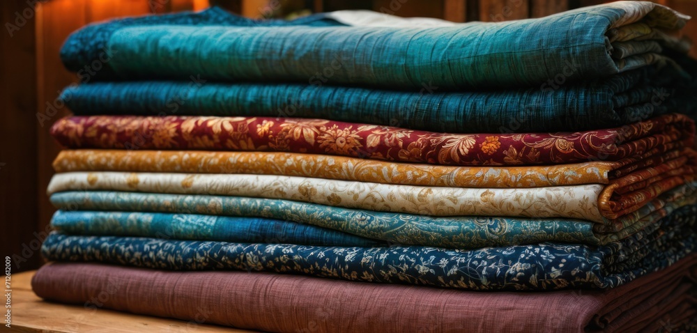 a stack of cloths stacked on top of each other on top of a wooden table in front of a wooden wall with a lamp in the middle of it. a stack of cloths stacked on top of each other on top of a wooden table in front of a wooden wall with a lamp in the middle of it.