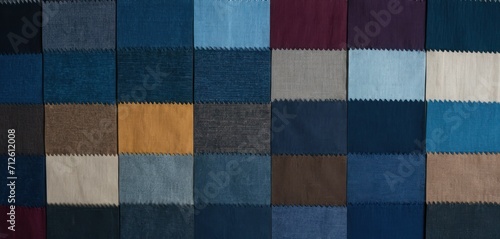  a wall that has a bunch of different colors of fabric on it  all of which are different shades of blue  brown  tan  black  and white.