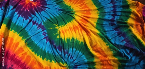  a multicolored tie - dyed t - shirt is laying on a table with a red  yellow  blue  and green tie - dyed t - shirt.