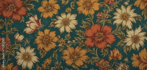  a close up of a flowery fabric with many colors of flowers on a green background with red, yellow, orange, and white flowers in the middle of the center.