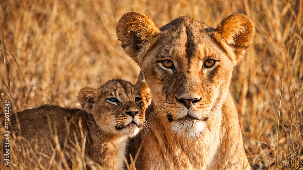 Obraz premium Wildlife Elegance: A Captivating Portrait of Lioness and Cub (Panthera leo) in their Natural Habitat. This Powerful Image is Ideal for Conservation Campaigns, Educational Materials, and Wildlife Photo